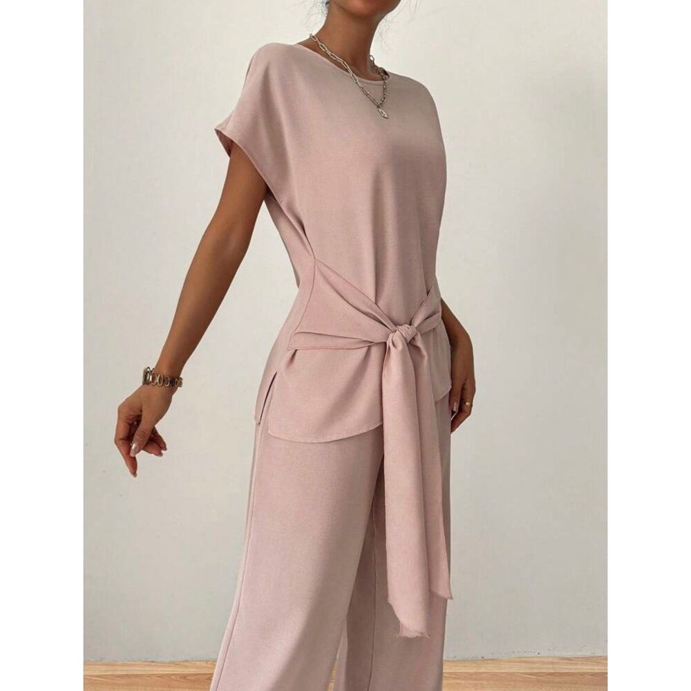 Shein Clasi Women's Batwing Sleeve Dusty Pink Blouse and Wide Leg Pants Set XL - Picture 2 of 11